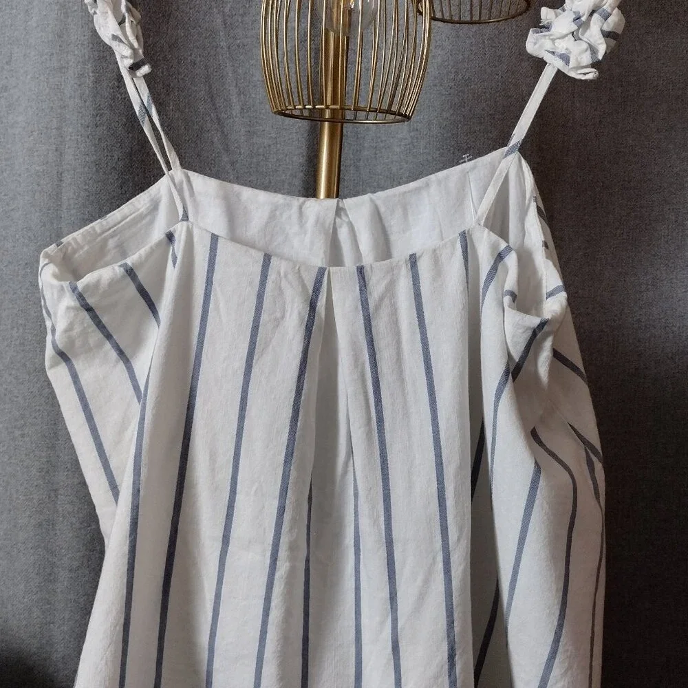 River Island White Blue Striped Camisole Top Size 12 Ruffle Strap Cotton Viscose - Picture 4 of 6